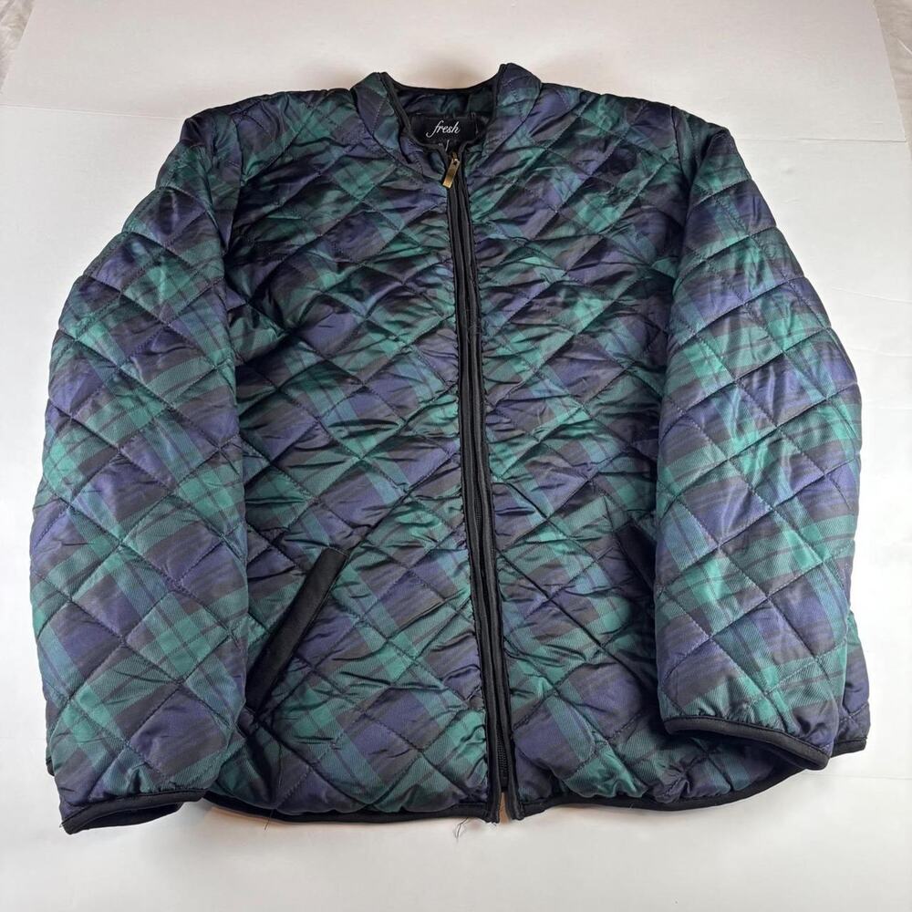 Plaid Quilted Puffer Jacket XL Green Navy Lightweight Fall Layer Y2K‎ Preppy